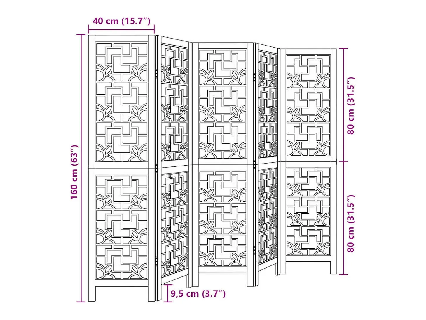 Tabique divisorio de 5 paneles en madera maciza de paulownia marrón