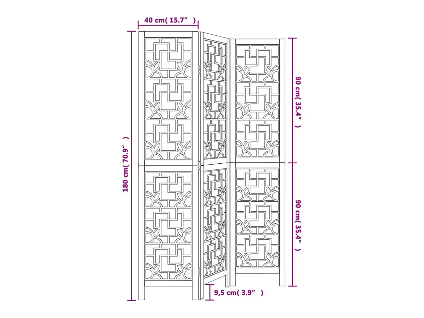 Tabique divisorio de 3 paneles en madera maciza de paulownia marrón