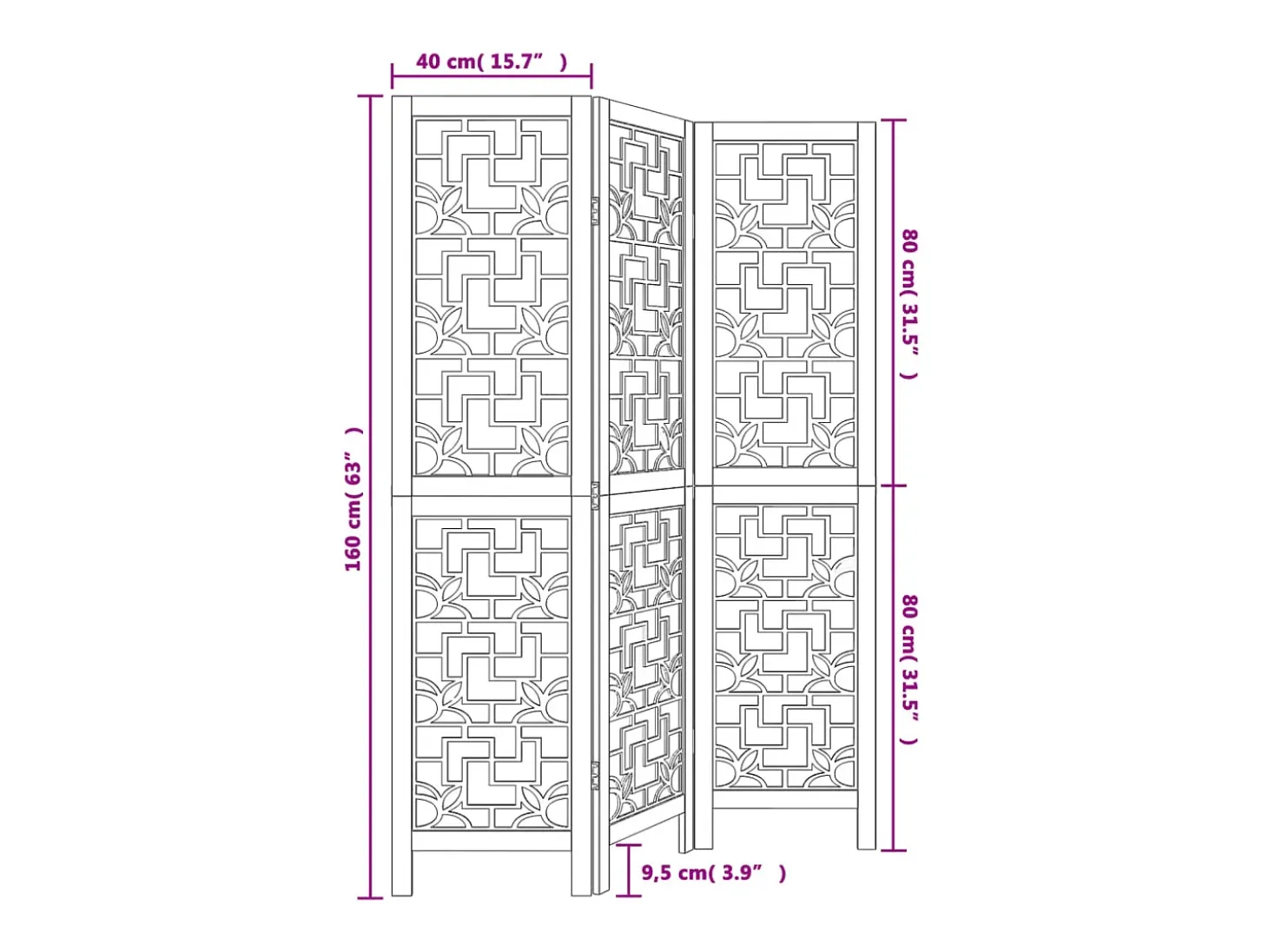 Tabique divisorio de 3 paneles en madera maciza de paulownia marrón