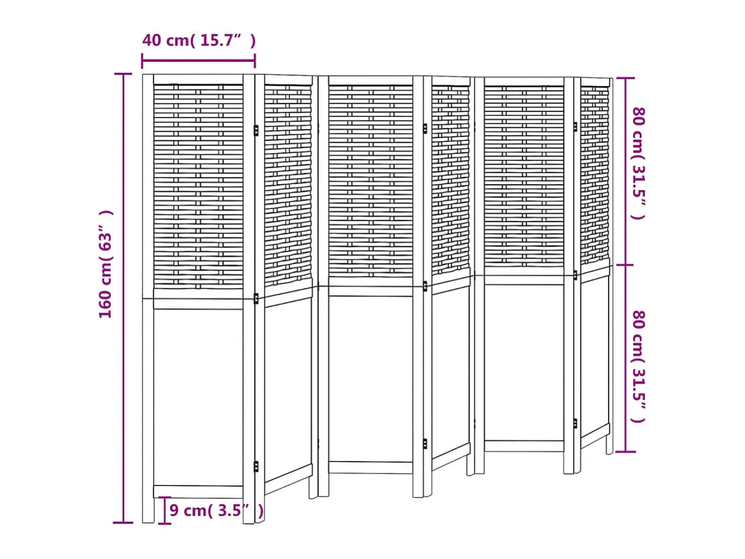 Tabique divisorio de 6 paneles en madera maciza de paulownia blanca