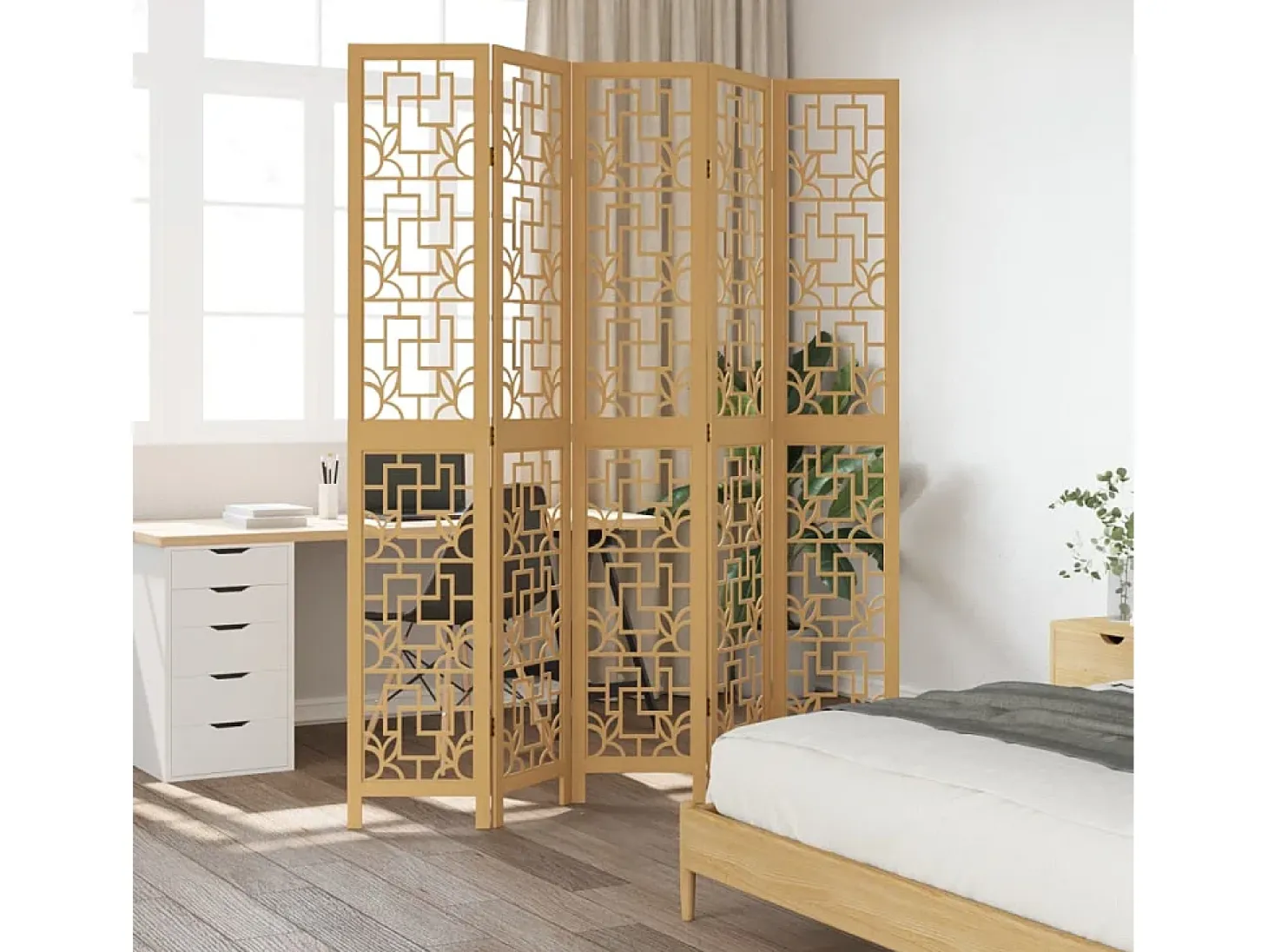 Tabique divisorio de 5 paneles en madera maciza de paulownia marrón