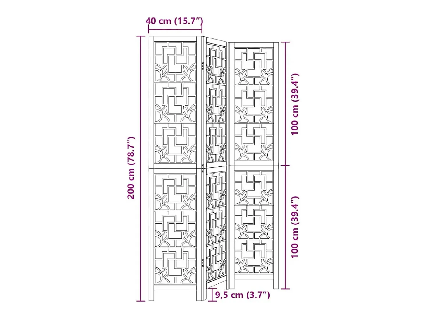 Tabique divisorio de 3 paneles en madera maciza de paulownia marrón