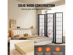 Tabique Divisorio SucceBuy, Tabique Divisorio Japonés con 6 Paneles con Motivos de Flores de Cerezo, Portátil, de Madera, Giratorio en 360°, para Separar Estancias