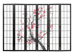 Tabique Divisorio SucceBuy, Tabique Divisorio Japonés con 6 Paneles con Motivos de Flores de Cerezo, Portátil, de Madera, Giratorio en 360°, para Separar Estancias