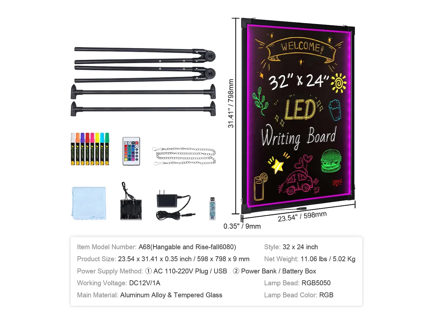 Tablero de Escritura de Mensajes a LED SucceBuy 59,8 x 79,8 cm Tablero Negro Borrable Iluminado