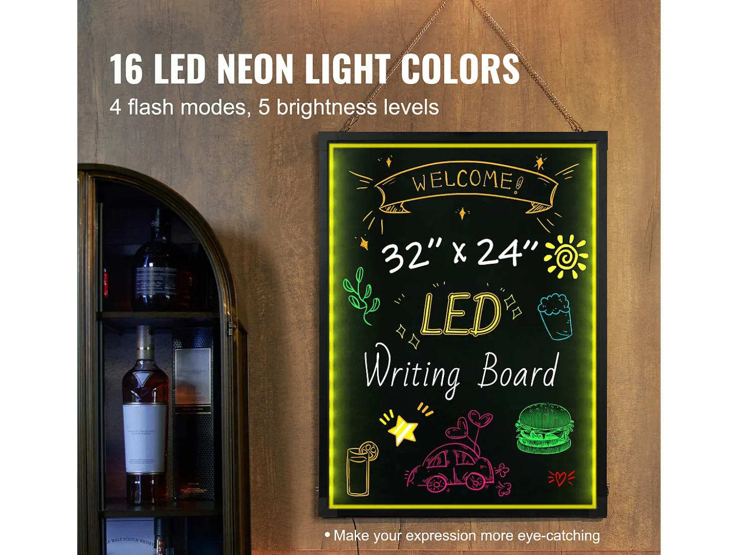 Tablero de Escritura de Mensajes a LED SucceBuy 59,8 x 79,8 cm Tablero Negro Borrable Iluminado