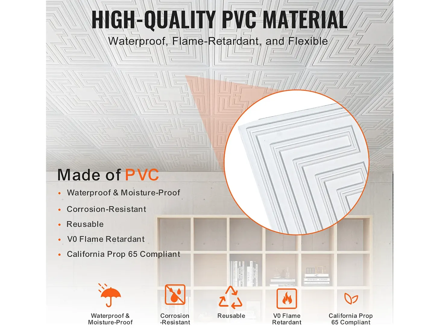 Tejas Autoadhesivas PVC SucceBuy Placas de Techo Pack de 12 60.96CM x 60.96CM PVC Instalación Fácil Blanco Eco Estilo