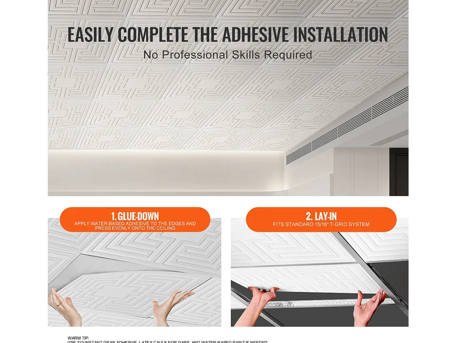 Tejas Autoadhesivas PVC SucceBuy Placas de Techo Pack de 12 60.96CM x 60.96CM PVC Instalación Fácil Blanco Eco Estilo