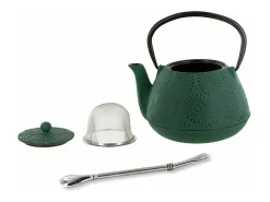 Tetera de hierro fundido Hanami verde esmeralda 1.2 L + pajita de acero inoxidable con filtro