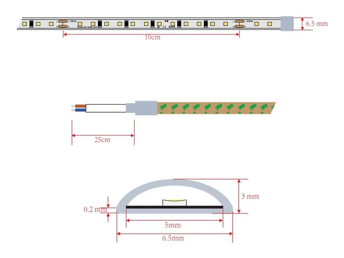 Tira LED Regulable 220V SMD Autorectificada 120 LED/m BOBINA 20m 12W/m 1080lm/m Superestrecha Ancho 6.5mm Corte 10cm IP65 2700K Blanco Cálido