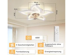 Ventilador de techo LED NETTLIFE con iluminación, 48 W, control remoto, regulable, 3 temperaturas de color, temporizador de 6 velocidades, blanco