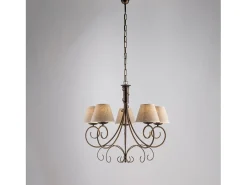 Vienesa - Lámpara de araña marrón con pantallas de yute y acabado oro antiguo, 5 luces Ø60 cm