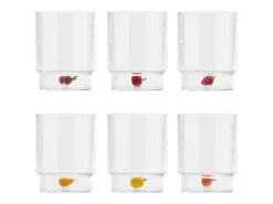 Zafferano Teca Frutta Mix - Juego de 6 Vasos de Vidrio Borosilicato con Fruta - Vaso de 35 cl con Doble Fondo Decorado a Mano, Fácilmente Lavable