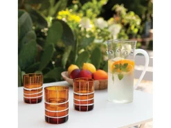 Zafferano Twiddle - Juego de 6 vasos de vidrio soplado ámbar de 35 cl - Vasos artesanales con decoración blanca, aptos para lavavajillas